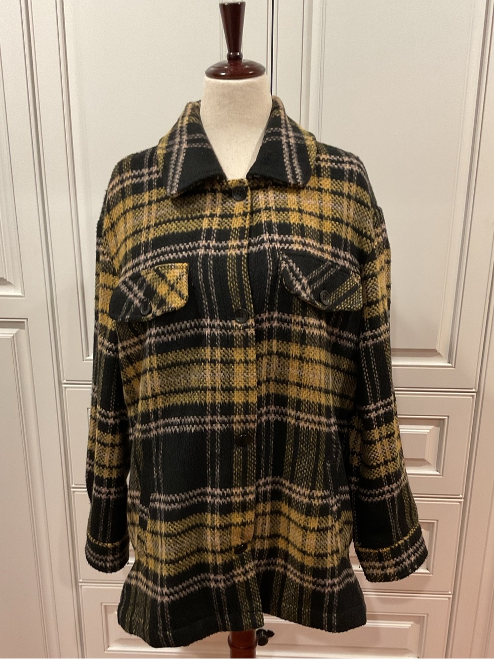 BP Black, Light Pink and Mustard Plaid Button-Front Pea Coat